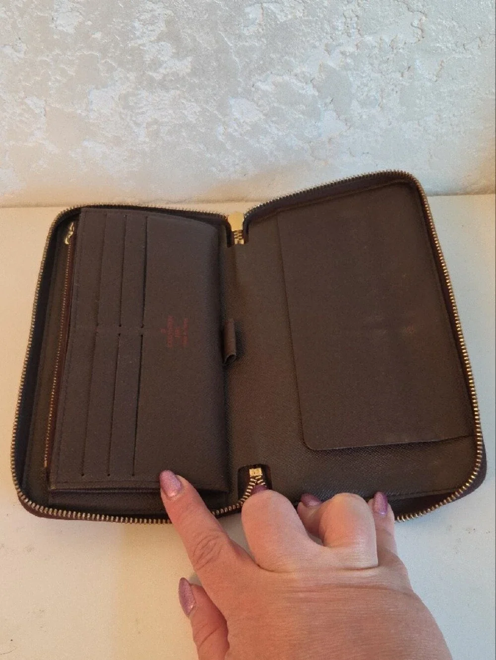 Louis Vuitton Brown Textured Leather Wallet Organazer with Red Logo Stamp